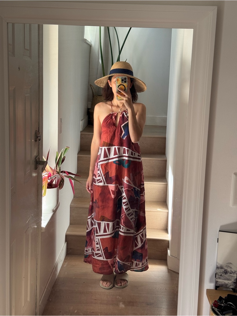 Tie-Neck Printed Midi Dress in Deep Red